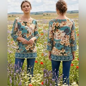Chico's women M mixed print floral 3/4 sheer bell sleeve artsy‎ Florentine